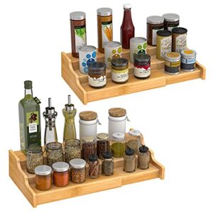 2PCS 3 Tier Expandable Bamboo Spice Rack Seasoning Organizer for Cabinet Pantry Countertop Kitchen Step Shelf