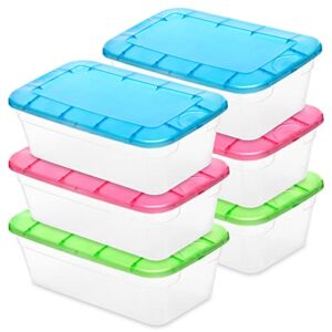 DecorRack 6 Clear Plastic Storage Containers, Shoe Boxes 6 Quart, Stackable, Closet Storage Box, Also Perfect for Toy Storage or as Cat and Dog Food Container, Assorted Colors (6 Pack)