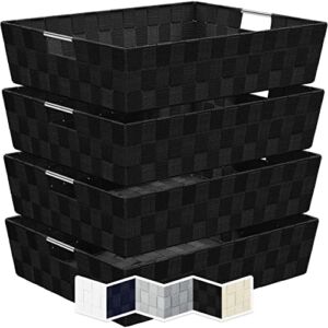 Woven Storage Baskets For Organizing – 4 Fabric Empty Organizer Bins With Handles – Great Bin For Organization, Linen Closet Shelves & Bathroom Basket. Empty Baskets For Gifts (14QT – Black)