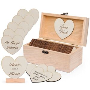 Jecor Alternative Guest Book Box – Wedding Guest Book Alternative – 62 Large Wooden Hearts – Also for Baby Shower, Bridal Shower, Anniversary, Birthday, Retirement, Funeral Guest Book Alternatives