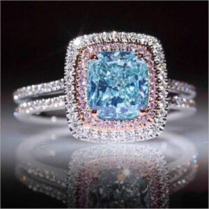 Bella Jewelry Shop Luxury Princess Cut Aquamarine&Pink Topaz Wedding Ring White Gold Womens Jewelry (6)
