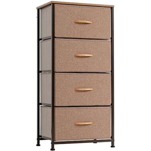 DHMAKER Vertical Dresser Storage Tower, Steel Frame, Wood Top, Easy Pull Textured Fabric Bins – Organizer Unit for Bedroom, Hallway, Entryway, Closets – 4 Drawers- CAMEL