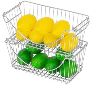 Smart Design Stacking Baskets Organizer w/ Handle – Medium – Steel – for Food, Fruit, & Vegetable Safe – Kitchen (12.63 x 5.5 Inch) [Chrome] (2 Pack)