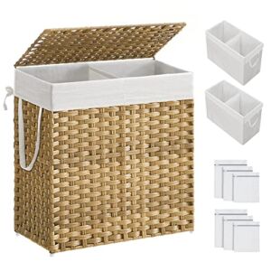 SONGMICS Laundry Hamper, 29 Gal (110L) Laundry Basket with Lid, Removable Bag with Handles, Handwoven Synthetic Rattan, for Bedroom, Bathroom, Laundry Room, 13 x 22.4 x 23.6 Inches Natural ULCB52NL