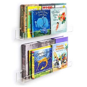 Phattopa Clear Acrylic Floating Bookshelf 17 Inch Wall Mounted Acrylic Display Shelves Invisible Kids Book Shelf Acrylic Wall Ledge Storage Shelf for Living Room, Bathroom, Kitchen 2 Pack