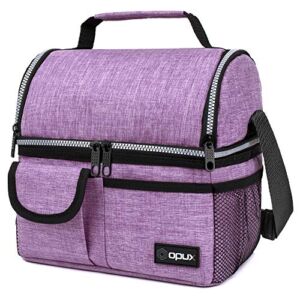 OPUX Insulated Dual Compartment Lunch Bag for Women | Double Deck Reusable Lunch Pail Cooler Bag with Shoulder Strap, Soft Leakproof Liner | Large Lunch Box Tote for Work, School (Purple)