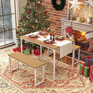 Bonzy Home Dining Room Table Set 3, 3 Piece Kitchen Table Set with Two Benches, Modern Wood Look Table Set for Kitchen,Dining Room, Restaurant (Off White)