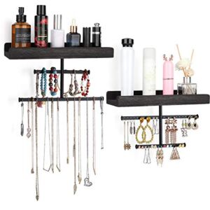 Keebofly Hanging Wall Mounted Jewelry Organizer with Rustic Wood Jewelry Holder Display for Necklaces Bracelet Earrings Ring Set of 2 Black,[Patented]