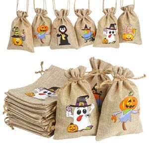 LOKIPA 24 Pack Halloween Burlap Gift Bags with Drawstring Small Jute Pouches for Kids Adults Party Supplies