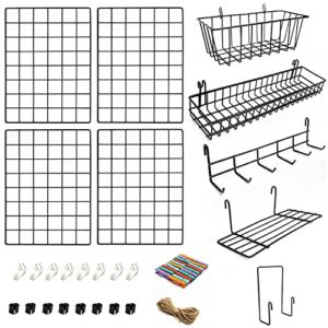 4 Pack Wire Wall Grid Panel with Accessories | Includes Hanging Wall Baskets, Letter Sorter, Shelf & Hook Rack | Grid Wall Panels | Photo Grid | Hanging Home, Office & Kitchen Décor | Photo Wall