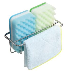 KESOL Adhesive Kitchen Sink Sponge Holder + Dish Cloth Hanger + Soap Holder, 2-in-1 Kitchen Sink Caddy, 304 Stainless Steel Rust Proof, Water Proof, No Drilling (Silver)