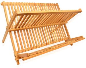 ROYALHOUSE Bamboo Dish Rack, Collapsible Dish Drainer, Foldable Dish Drying Rack, Wooden Plate Rack, Made of 100% Natural Bamboo