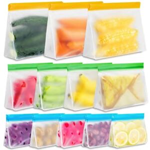 12 Pack Large Reusable Food Storage Bags Stand Up, FDA Food Grade Reusable Sandwich Bags, 3 Reusable Gallon Bags + 4 Reusable Freezer Bags + 5 Reusable Snack Bags for Meat Fruit Cereal Snacks