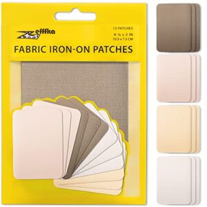 ZEFFFKA Premium Quality Fabric Iron-on Patches Inside & Outside Strongest Glue 100% Cotton Shades of Brown Beige Khaki Repair Decorating Kit 12 Pieces Size 3″ by 4-1/4″ (7.5 cm x 10.5 cm)