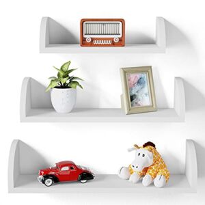 SRIWATANA White Floating Shelves, Solid Wood Wall Shelves Set of 3, Rustic Storage Shelves for Bedroom, Living Room, Kitchen, Bathroom – White