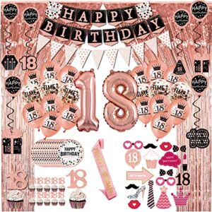 18th birthday decorations for girls – (76pack) rose gold party Banner, Pennant, Hanging Swirl, birthday Balloons, Foil Backdrops, cupcake Topper, plates, Photo Props,Sash,happy 18th Birthday gifts