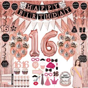 Sweet 16 Birthday Decorations Girls – (76pack) Rose Gold Party Banner, Pennant, Hanging Swirl, Birthday Balloons, Foil Backdrops, Cupcake Topper, Plates, Photo Props, Sash, Happy 16th Birthday Gifts