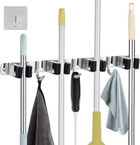 Nicecogo Mop and Broom Holder Wall Mounted Stainless Steel Storage Organizer Hanger with 4 Racks 3 Hooks for for Home Bathroom Kitchen Office Closet Guarden and 1 hook Separated included