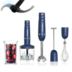 Aifeel Immersion Hand Blender.300W Handheld Stick Blender Set with 500ML Food Processor, Ice Crusher.600ML Measuring Cup, SUS blending attachment and Wire Whisk – Blue