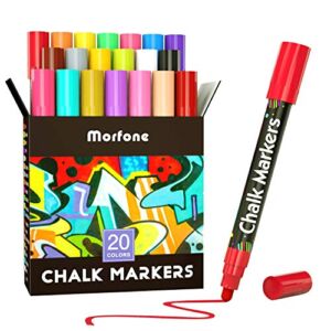 Morfone Liquid Chalk Markers, 20 Virbrant Colors Chalk Pens Erasable Art Marker for Chalkboards, Blackboard, Signs, Windows, Labels, Car, Mirror, Bistro ( 6mm Reversible Bullet Chisel Tip )