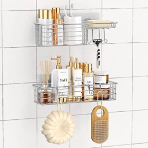 SMARTAKE 2-Pack Shower Caddy, Combined Bathroom Shelf with Soap Dish and Hooks for Hanging Razor Brush Sponge, Wall Mounted Rustproof Basket with Adhesive, No Drilling, 304 Stainless Steel, Silver