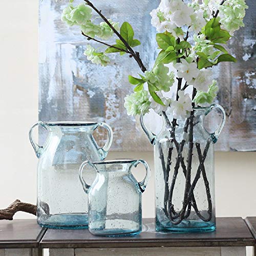 Flower Vase Glass Elegant Double Ear Decorative Handmade Air Bubbles Bluish Color Glass Vase for Centerpiece Home Decor (Large) | The Storepaperoomates Retail Market - Fast Affordable Shopping