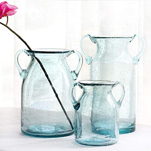 Flower Vase Glass Elegant Double Ear Decorative Handmade Air Bubbles Bluish Color Glass Vase for Centerpiece Home Decor (Large) | The Storepaperoomates Retail Market - Fast Affordable Shopping
