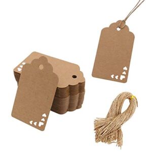 Koogel Gift Wrap Tags,100 PCS Heart Brown Gift Tags with Twine Name Tags for Gift Bags Christmas Present Wedding Holiday Craft Labels