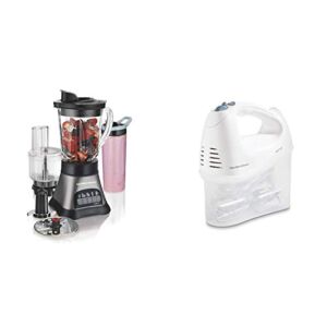 Hamilton Beach Wave Crusher Blender with 40oz Jar, 3-Cup, Grey & Black (58163) & 6-Speed Electric-Hand Mixer, Beaters and Whisk, with Snap-On Storage Case, White