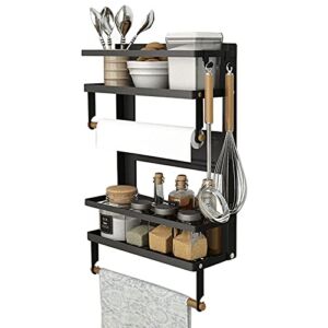Magnetic Spice Rack,4 Tier Kitchen Magnetic Shelf for Refrigerator Fridge Organizer with 2 Paper Towel Holders and 5 Removable Hooks,Matte Black