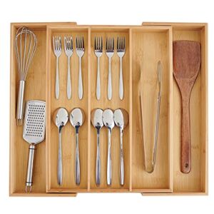 OMISSA Bamboo Expandable Drawer Organizer for Utensils Holder, Adjustable Cutlery Tray, Wood Drawer Dividers Organizer for Silverware, Flatware, Knives in Kitchen, Bedroom, Living Room