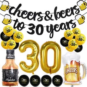 30th Birthday Decorations for Men Women, 30 Years Anniversary Decorations-Cheers & Beers to 30 Years Banner Thirty Sign Latex Balloon 32 inch “30” Gold Balloon 35 inch Cheers Beers Cups Foil Balloon for 30th Wedding Party Supplie