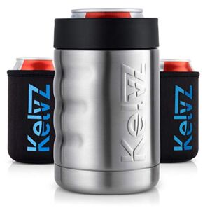 KelvZ Can Cooler Insulated Beer & Soda Can Cooler with 2 Foam Sleeves – Stainless Steel Can Cooler for Cold Drinks, 12 Oz Can Cooler & Beer Can Holder – Fits Standard 12oz Cans & Bottles – Stainless