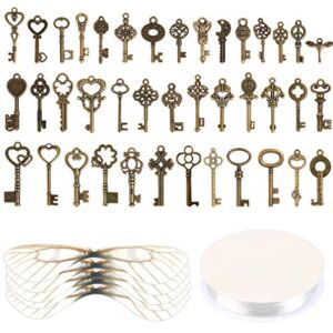 Set of 40 Flying Keys Charms, 40PCS Dragonfly Wings 40 DIY Vintage Skeleton Key and Elastic Crystal String for Wedding Party Decorations