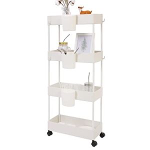 OVAKIA 4-Tier Slim Rolling Utility Cart Storage Shelves Trolley Storage Organizer Shelving Rack with Mesh Baskets / Wheel Casters for Laundry Pantry Bathroom Kitchen Office Narrow Places(White)