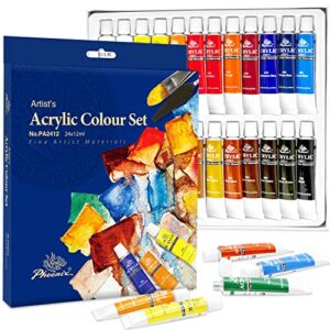 PHOENIX Acrylic Paint Set 24 Color x 12ml / 0.4 Fl Oz Tubes Non-Toxic Art Paints for Canvas, Wood, Glass, Ceramic, Great Value Craft Painting Supplies for Kids, Students & Beginners