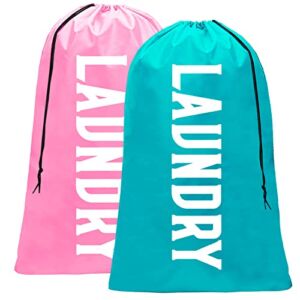 Fiodrmy 2 Pack XL Travel Laundry Bag, Machine Washable Dirty Clothes Organizer, Large Enough to Hold 4 Loads of Laundry, Easy Fit a Laundry Hamper or Basket (Pink+Blue, 24″ x 36″)