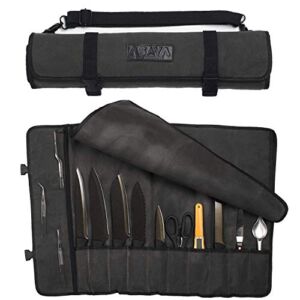 Asaya Canvas Chef Knife Roll Bag – 10 Knife Slots and a Large Zipper Pocket – Durable 10oz Canvas Knife Case with an Adjustable Shoulder Strap – Knives not Included