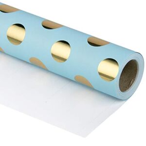 RUSPEPA Wrapping Paper Roll – Gold Foil Dots Baby Blue Background Design for Wedding, Birthday, Shower, Congrats, and Holiday – 30 inches x 32.8 feet