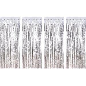 4 Pack Foil Curtains Metallic Fringe Curtains Shimmer Curtain for Birthday Wedding Disco Party Decorations (Silver)