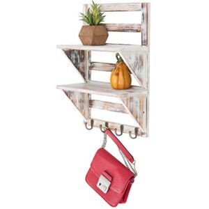 Excello Global Products 2-Tier Rustic Whitewashed Mounted Wood Wall Shelf with Shabby Chic, Farmouse Decor with 4 Hooks. Perfect For Any Room