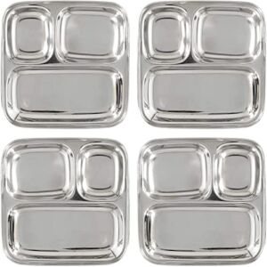 Darware Stainless Steel Divided Plates/Compartment Trays (4-Pack); 9.8 x 8.1 Inches Oblong 3-Section Mini Trays, Great Size for Kids, Portion Control, Camping