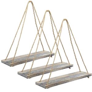 Excello Global Products Rustic Distressed Wood Hanging Shelves: 17-Inch with Swing Rope Floating Shelves (Brown – Pack of 3)