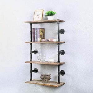 Industrial Pipe Shelf Wall Mounted,Steampunk Real Wood Book Shelves,4 Tier Rustic Metal Floating Shelves,Wall Shelving Unit Bookshelf Hanging Wall Shelves,Farmhouse Kitchen Bar Shelving(24in)
