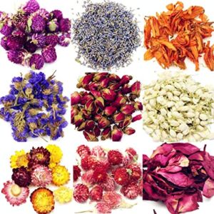 Oameusa Dried Flowers,Dried Flower Kit,Candle Making, Soap Making, AAA Food Grade-Pink Rose, Lily,Lavender,Roseleaf,Jasmine Flower,9 Bags