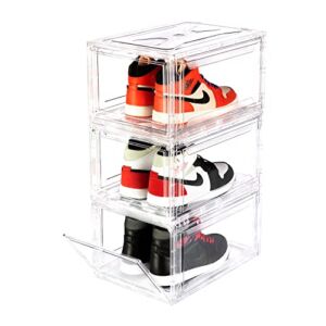 BBYB 3Pack Clear Shoe Box, Shoe Boxes Clear Plastic Stackable with Lids, Drop Front Shoe Organizer and Containers, Sneaker Storage Display Case Magnetic Door, Easy to Assemble 14.56*7.87*10.23 Inches