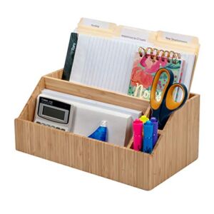 MobileVision Bamboo Desktop All-In-One Organizer for File Folders, Notepads, Pens, Stationary Items, Small Electronics and more