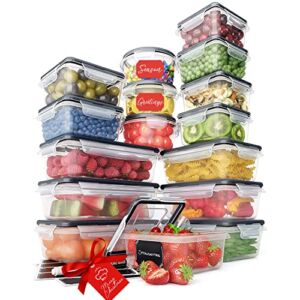 32 Piece Food Storage Containers Set with Easy Snap Lids (16 Lids + 16 Containers) – Airtight Plastic Containers for Pantry & Kitchen Organization – BPA-Free Food Containers with Free Labels & Marker