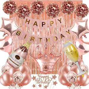 Partylinks Rose Gold Birthday Party Supplies Happy Birthday Banner Tissue Flowers Confetti Balloons Foil Curtain for 18th 21st 30th 40th 50th Girls Women Birthday Party Decorations