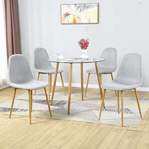Dining Table Set Modern 5 Pieces Dining Room Set Mid Century Round Tempered Glass Kitchen Table and 4 Light Grey Modern Dining Chairs with Metal Legs